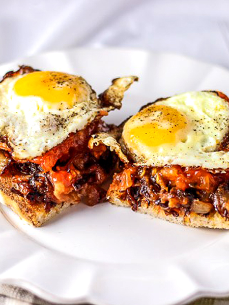 Fried eggs with charred tomatoes